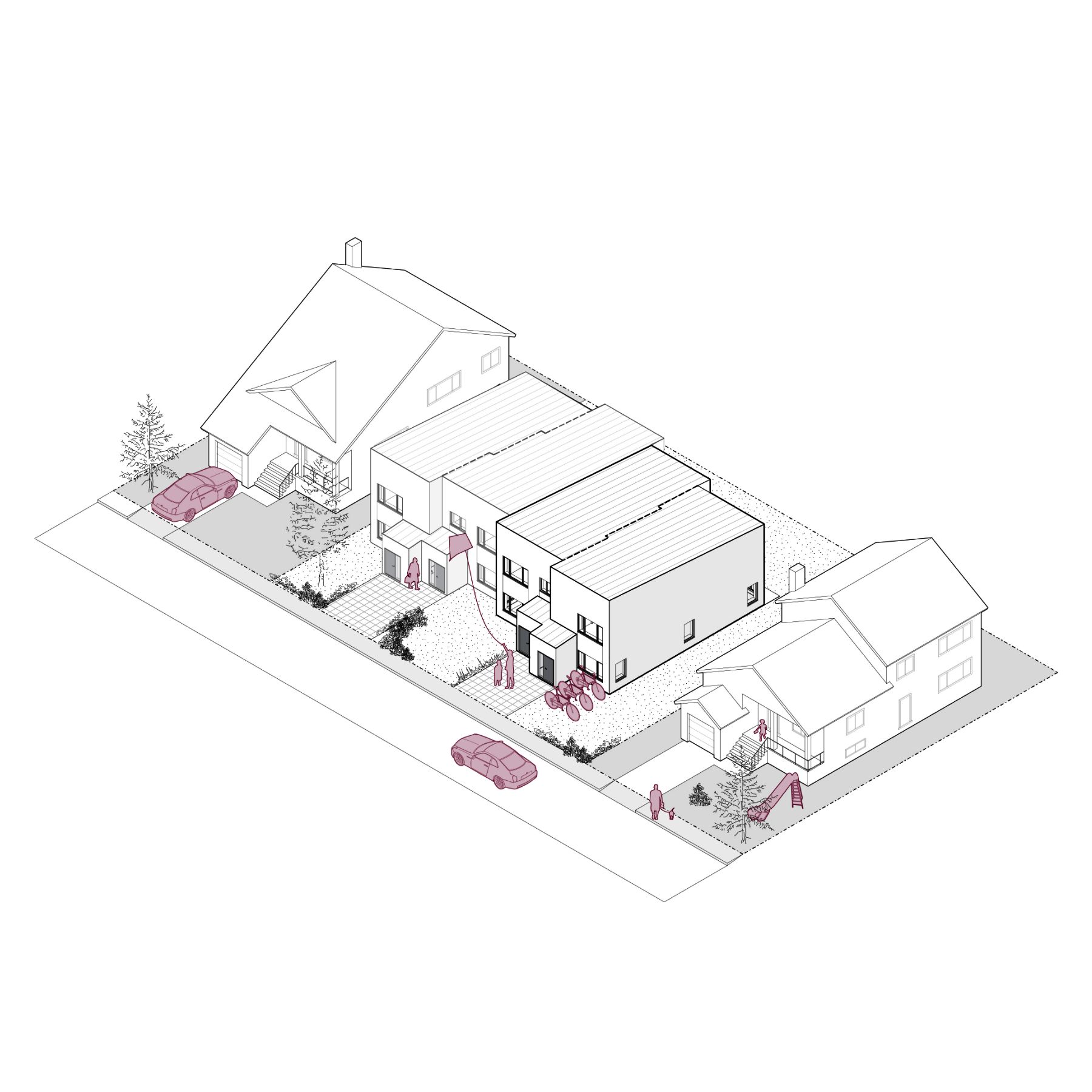 A 3D line rendering of the rowhouse unit, which has a building footprint of approximately 2,002 square feet. The illustration showcases a two-storey structure with two units.
